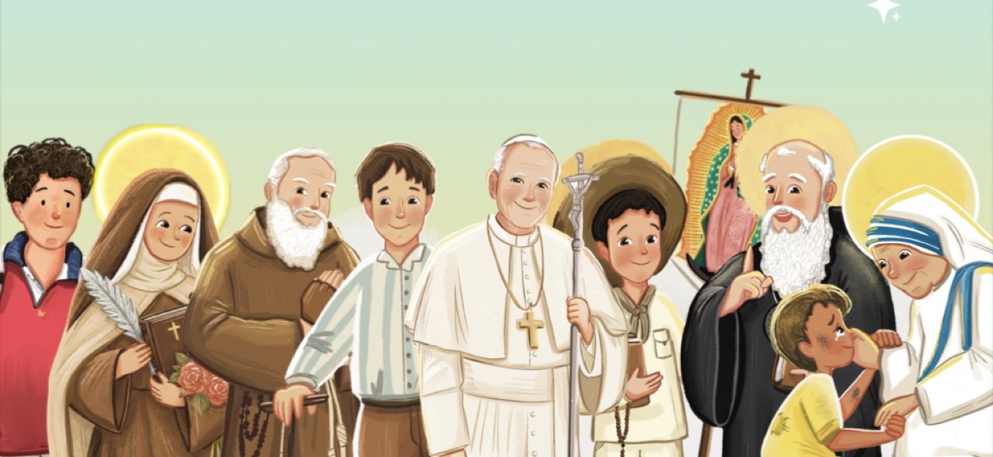 Los santos de Santitos ilustrados por Belém: Carlo Acutis, Santa Teresita, el Padre Pío, San José Sánchez del Río, San Juan Pablo II, San Juan María Vianney y Santa Teresa de Calcuta